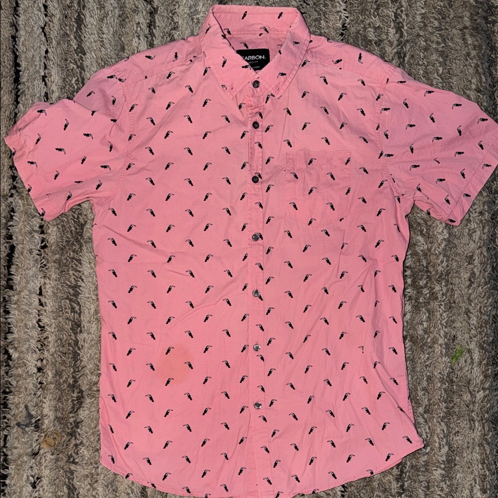 Carbon Pink Short-Sleeve Button-Up Shirt with Black Toucan Print